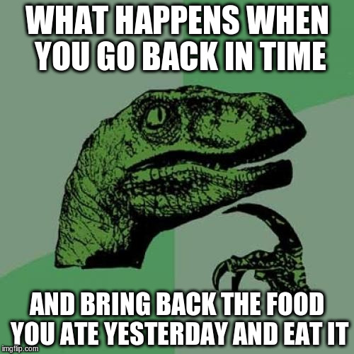 Philosoraptor | WHAT HAPPENS WHEN YOU GO BACK IN TIME; AND BRING BACK THE FOOD YOU ATE YESTERDAY AND EAT IT | image tagged in memes,philosoraptor | made w/ Imgflip meme maker