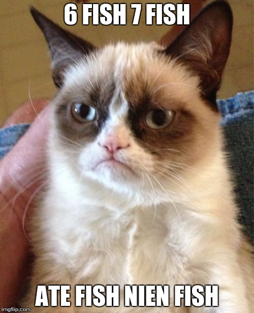 Grumpy Cat Meme | 6 FISH 7 FISH; ATE FISH NIEN FISH | image tagged in memes,grumpy cat | made w/ Imgflip meme maker