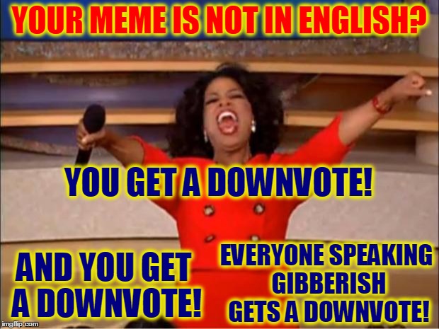 Oprah You Get A Meme | YOUR MEME IS NOT IN ENGLISH? YOU GET A DOWNVOTE! AND YOU GET A DOWNVOTE! EVERYONE SPEAKING GIBBERISH GETS A DOWNVOTE! | image tagged in memes,oprah you get a | made w/ Imgflip meme maker