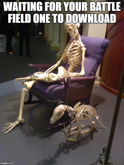 Waiting Skeleton | WAITING FOR YOUR BATTLE FIELD ONE TO DOWNLOAD | image tagged in waiting skeleton | made w/ Imgflip meme maker