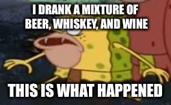 Spongegar | I DRANK A MIXTURE OF BEER, WHISKEY, AND WINE; THIS IS WHAT HAPPENED | image tagged in memes,spongegar | made w/ Imgflip meme maker