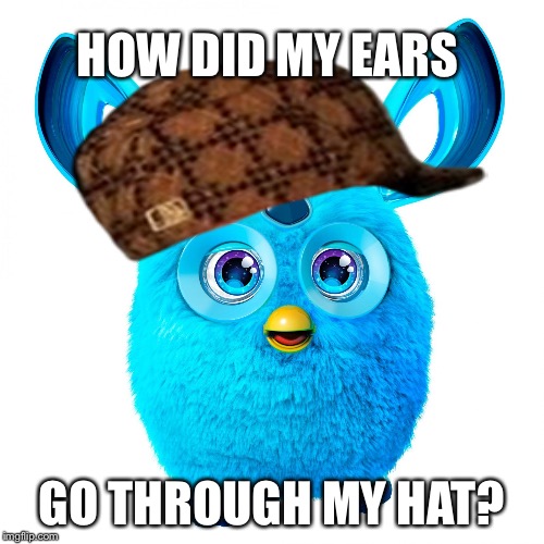 Seriously, are there holes in it? | HOW DID MY EARS; GO THROUGH MY HAT? | image tagged in blue furby,scumbag | made w/ Imgflip meme maker