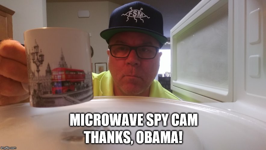 Microwave spy cam | THANKS, OBAMA! MICROWAVE SPY CAM | image tagged in microwave,spycam,wiretap,trump,obama | made w/ Imgflip meme maker