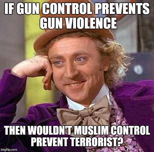 Creepy Condescending Wonka | IF GUN CONTROL PREVENTS GUN VIOLENCE; THEN WOULDN'T MUSLIM CONTROL PREVENT TERRORIST? | image tagged in memes,creepy condescending wonka | made w/ Imgflip meme maker