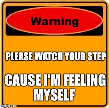 Warning Sign Meme | PLEASE WATCH YOUR STEP; CAUSE I'M FEELING MYSELF | image tagged in memes,warning sign | made w/ Imgflip meme maker