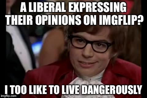 No seriously, I do it sometimes | A LIBERAL EXPRESSING THEIR OPINIONS ON IMGFLIP? I TOO LIKE TO LIVE DANGEROUSLY | image tagged in memes,i too like to live dangerously,liberals,imgflip | made w/ Imgflip meme maker