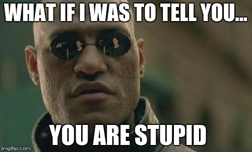 Matrix Morpheus Meme | WHAT IF I WAS TO TELL YOU... YOU ARE STUPID | image tagged in memes,matrix morpheus | made w/ Imgflip meme maker