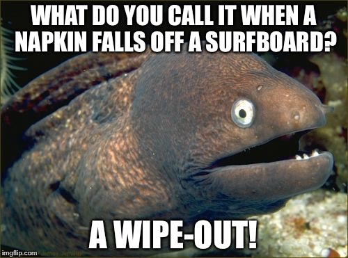 Bad Joke Eel Meme | WHAT DO YOU CALL IT WHEN A NAPKIN FALLS OFF A SURFBOARD? A WIPE-OUT! | image tagged in memes,bad joke eel | made w/ Imgflip meme maker
