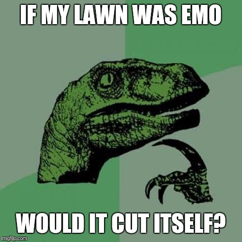 Philosoraptor | IF MY LAWN WAS EMO; WOULD IT CUT ITSELF? | image tagged in memes,philosoraptor | made w/ Imgflip meme maker