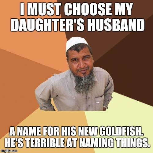 Ordinary Muslim Man Meme | I MUST CHOOSE MY DAUGHTER'S HUSBAND; A NAME FOR HIS NEW GOLDFISH. HE'S TERRIBLE AT NAMING THINGS. | image tagged in memes,ordinary muslim man | made w/ Imgflip meme maker