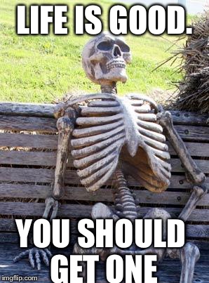 Waiting Skeleton Meme | LIFE IS GOOD. YOU SHOULD GET ONE | image tagged in memes,waiting skeleton | made w/ Imgflip meme maker
