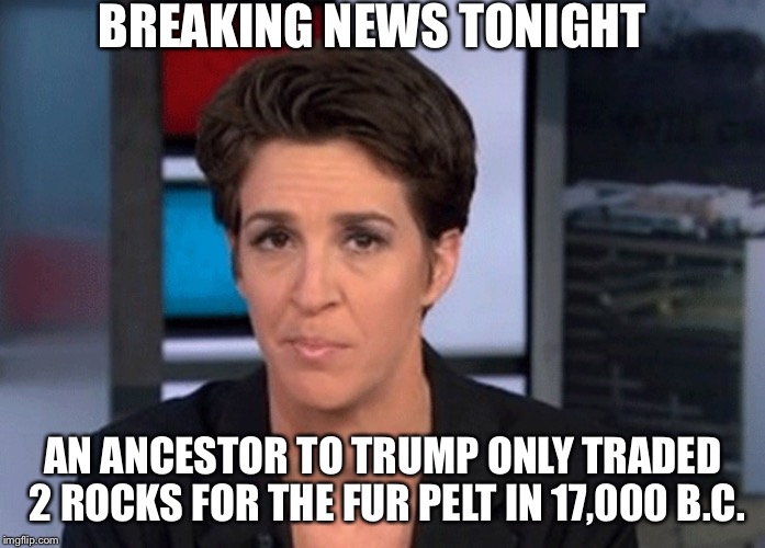 Rachel Maddow  | BREAKING NEWS TONIGHT; AN ANCESTOR TO TRUMP ONLY TRADED 2 ROCKS FOR THE FUR PELT IN 17,000 B.C. | image tagged in rachel maddow | made w/ Imgflip meme maker