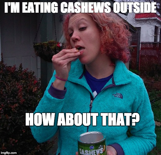 punlife is the fun life | I'M EATING CASHEWS OUTSIDE; HOW ABOUT THAT? | image tagged in funny | made w/ Imgflip meme maker