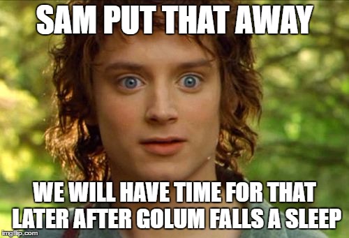Surpised Frodo | SAM PUT THAT AWAY; WE WILL HAVE TIME FOR THAT LATER AFTER GOLUM FALLS A SLEEP | image tagged in memes,surpised frodo | made w/ Imgflip meme maker