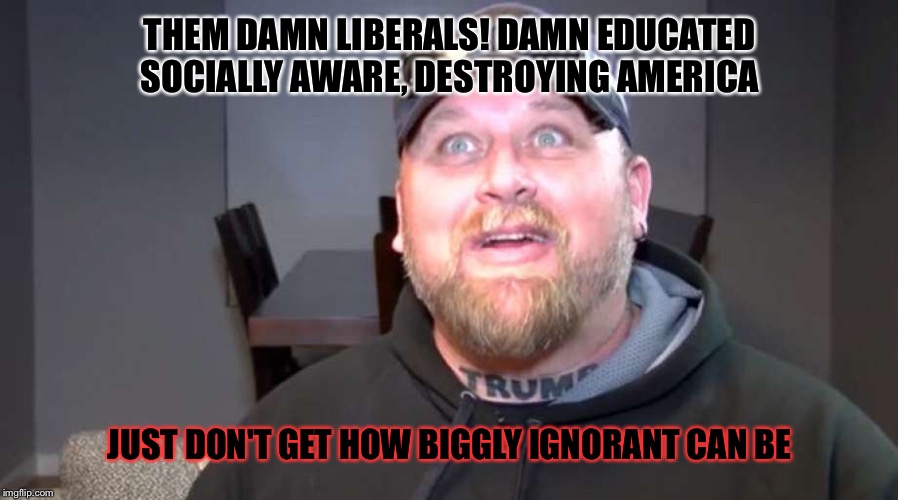 THEM DAMN LIBERALS! DAMN EDUCATED SOCIALLY AWARE, DESTROYING AMERICA JUST DON'T GET HOW BIGGLY IGNORANT CAN BE | made w/ Imgflip meme maker