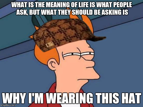 Futurama Fry Meme | WHAT IS THE MEANING OF LIFE IS WHAT PEOPLE ASK, BUT WHAT THEY SHOULD BE ASKING IS; WHY I'M WEARING THIS HAT | image tagged in memes,futurama fry,scumbag | made w/ Imgflip meme maker