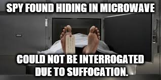 Spies aren't getting younger, they're actually getting smaller! | SPY FOUND HIDING IN MICROWAVE; COULD NOT BE INTERROGATED DUE TO SUFFOCATION. | image tagged in microwave,kellyanne conway alternative facts,spies,political humor,kellyanne conway | made w/ Imgflip meme maker