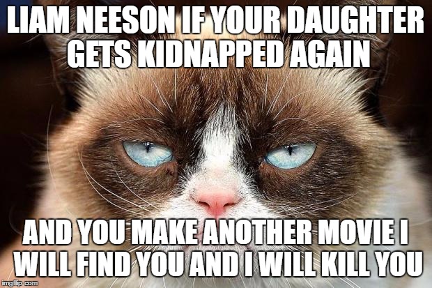 Grumpy Cat Not Amused | LIAM NEESON IF YOUR DAUGHTER GETS KIDNAPPED AGAIN; AND YOU MAKE ANOTHER MOVIE I WILL FIND YOU AND I WILL KILL YOU | image tagged in memes,grumpy cat not amused,grumpy cat | made w/ Imgflip meme maker