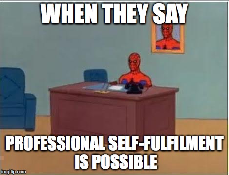 Spiderman Computer Desk Meme | WHEN THEY SAY; PROFESSIONAL SELF-FULFILMENT IS POSSIBLE | image tagged in memes,spiderman computer desk,spiderman | made w/ Imgflip meme maker