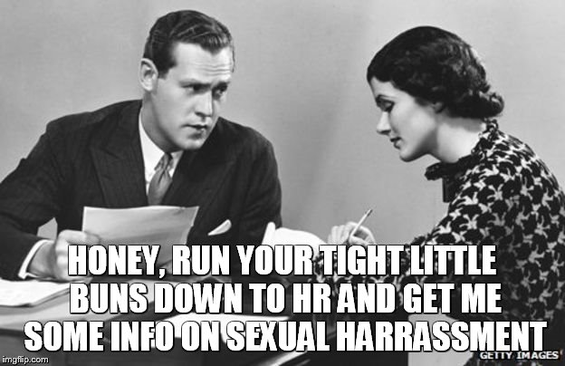 Boss & Secretary | HONEY, RUN YOUR TIGHT LITTLE BUNS DOWN TO HR AND GET ME SOME INFO ON SEXUAL HARRASSMENT | image tagged in boss  secretary | made w/ Imgflip meme maker