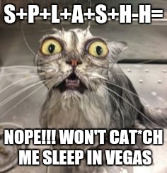 What would you do to stay awake in VEGAS!? | S+P+L+A+S+H-H=; NOPE!!! WON'T CAT*CH ME SLEEP IN VEGAS | image tagged in cat bath | made w/ Imgflip meme maker