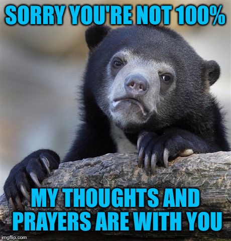 Confession Bear Meme | SORRY YOU'RE NOT 100% MY THOUGHTS AND PRAYERS ARE WITH YOU | image tagged in memes,confession bear | made w/ Imgflip meme maker