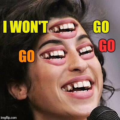 They tried to make me go to rehab I said, "No, no, no" | I WON'T                 GO; GO; GO | image tagged in amy winehouse,addiction,meme addict | made w/ Imgflip meme maker