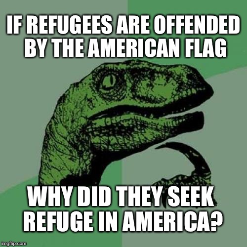 Philosoraptor Meme | IF REFUGEES ARE OFFENDED BY THE AMERICAN FLAG; WHY DID THEY SEEK REFUGE IN AMERICA? | image tagged in memes,philosoraptor | made w/ Imgflip meme maker