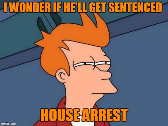 Futurama Fry Meme | I WONDER IF HE'LL GET SENTENCED HOUSE ARREST | image tagged in memes,futurama fry | made w/ Imgflip meme maker