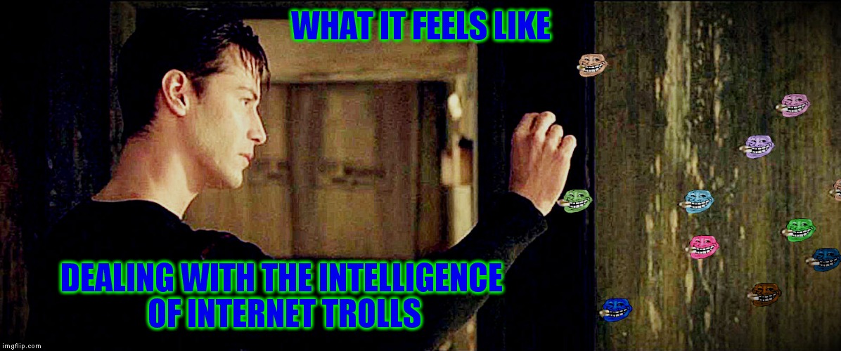 Oh wait I was supposed to get mad right bro... | WHAT IT FEELS LIKE; DEALING WITH THE INTELLIGENCE OF INTERNET TROLLS | image tagged in trolls,neo,welcome to the matrix,really | made w/ Imgflip meme maker