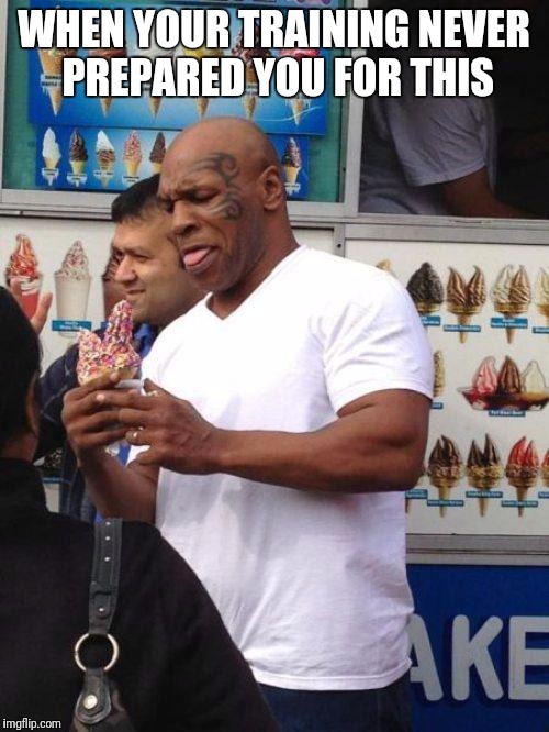 Welcome to the Ice Cream Drop Prevention training! | WHEN YOUR TRAINING NEVER PREPARED YOU FOR THIS | image tagged in sprinkles mike tyson | made w/ Imgflip meme maker