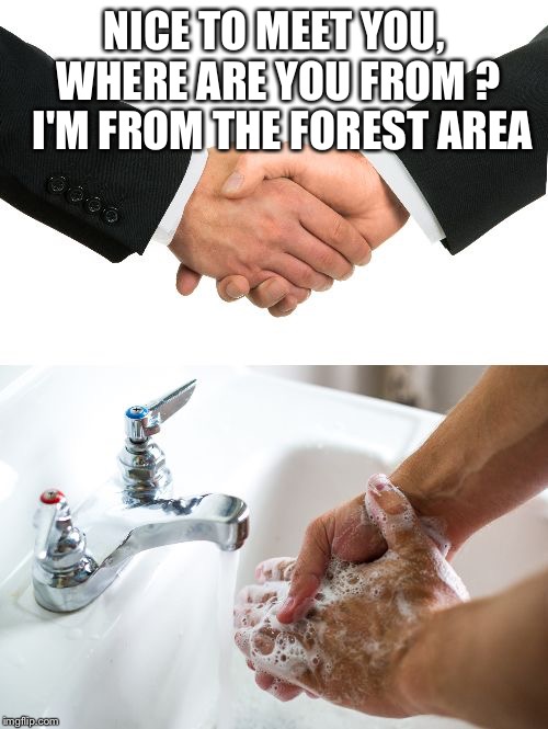 handshake washing hand | NICE TO MEET YOU, WHERE ARE YOU FROM ?  I'M FROM THE FOREST AREA | image tagged in handshake washing hand | made w/ Imgflip meme maker