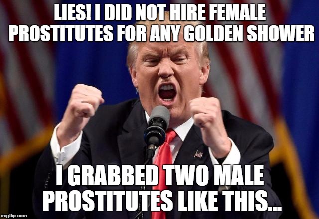 Trump Lies | LIES! I DID NOT HIRE FEMALE PROSTITUTES FOR ANY GOLDEN SHOWER; I GRABBED TWO MALE PROSTITUTES LIKE THIS... | image tagged in trump,lies,russian prostitutes | made w/ Imgflip meme maker