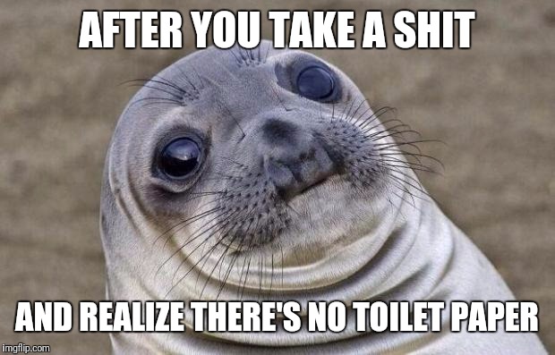 Ah, shit! | AFTER YOU TAKE A SHIT; AND REALIZE THERE'S NO TOILET PAPER | image tagged in memes,awkward moment sealion | made w/ Imgflip meme maker