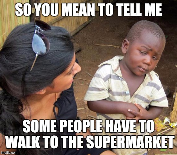 So you mean to tell me | SO YOU MEAN TO TELL ME; SOME PEOPLE HAVE TO WALK TO THE SUPERMARKET | image tagged in so you mean to tell me | made w/ Imgflip meme maker