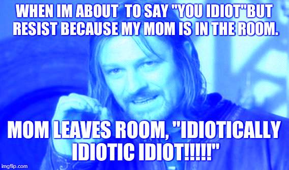 One Does Not Simply Meme | WHEN IM ABOUT  TO SAY "YOU IDIOT"BUT RESIST BECAUSE MY MOM IS IN THE ROOM. MOM LEAVES ROOM, "IDIOTICALLY IDIOTIC IDIOT!!!!!" | image tagged in memes,one does not simply | made w/ Imgflip meme maker