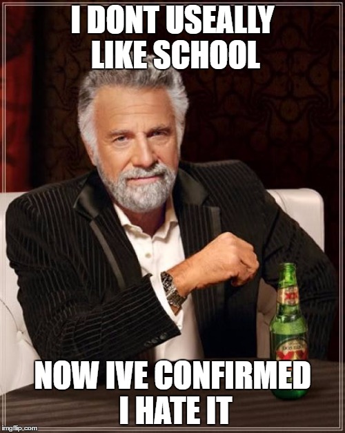 The Most Interesting Man In The World | I DONT USEALLY LIKE SCHOOL; NOW IVE CONFIRMED I HATE IT | image tagged in memes,the most interesting man in the world | made w/ Imgflip meme maker