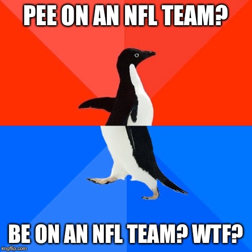 Socially Awesome Awkward Penguin Meme | PEE ON AN NFL TEAM? BE ON AN NFL TEAM? WTF? | image tagged in memes,socially awesome awkward penguin | made w/ Imgflip meme maker