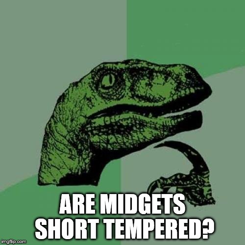 Philosoraptor Meme | ARE MIDGETS SHORT TEMPERED? | image tagged in memes,philosoraptor | made w/ Imgflip meme maker