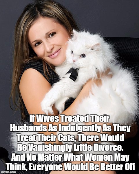 How To End Divorce | If Wives Treated Their Husbands As Indulgently As They Treat Their Cats, There Would Be Vanishingly Little Divorce. And No Matter What Women | image tagged in wives,marriage,cats,divorce,an end to divorce,wives-husbands-cats-divorce | made w/ Imgflip meme maker