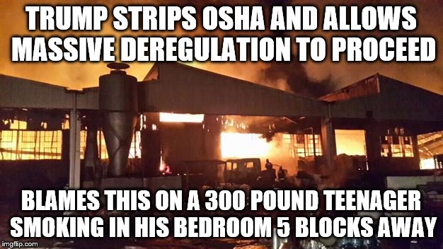 Trump's many scapegoats. | TRUMP STRIPS OSHA AND ALLOWS MASSIVE DEREGULATION TO PROCEED; BLAMES THIS ON A 300 POUND TEENAGER SMOKING IN HIS BEDROOM 5 BLOCKS AWAY | image tagged in trump,donald trump | made w/ Imgflip meme maker