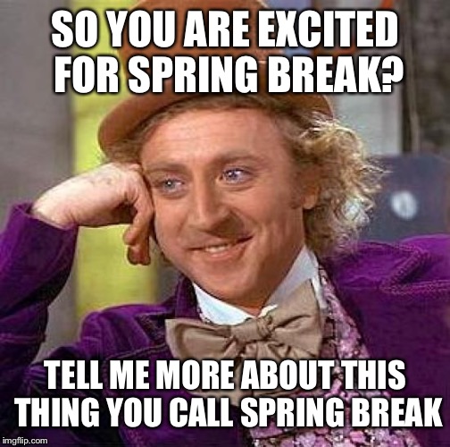 Creepy Condescending Wonka Meme | SO YOU ARE EXCITED FOR SPRING BREAK? TELL ME MORE ABOUT THIS THING YOU CALL SPRING BREAK | image tagged in memes,creepy condescending wonka | made w/ Imgflip meme maker