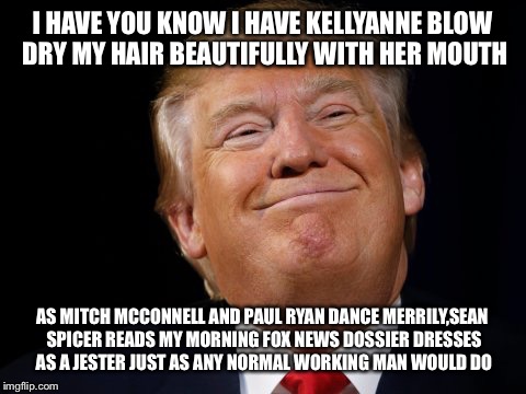 I HAVE YOU KNOW I HAVE KELLYANNE BLOW DRY MY HAIR BEAUTIFULLY WITH HER MOUTH AS MITCH MCCONNELL AND PAUL RYAN DANCE MERRILY,SEAN SPICER READ | made w/ Imgflip meme maker