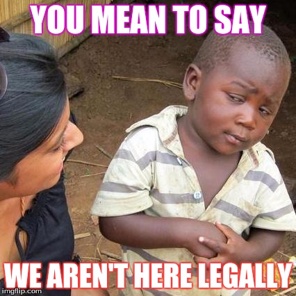 Third World Skeptical Kid Meme | YOU MEAN TO SAY; WE AREN'T HERE LEGALLY | image tagged in memes,third world skeptical kid | made w/ Imgflip meme maker