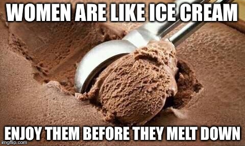 WOMEN ARE LIKE ICE CREAM; ENJOY THEM BEFORE THEY MELT DOWN | image tagged in women melt down,woman,melt down,funny,memes | made w/ Imgflip meme maker