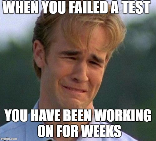 1990s First World Problems Meme | WHEN YOU FAILED A TEST; YOU HAVE BEEN WORKING ON FOR WEEKS | image tagged in memes,1990s first world problems | made w/ Imgflip meme maker