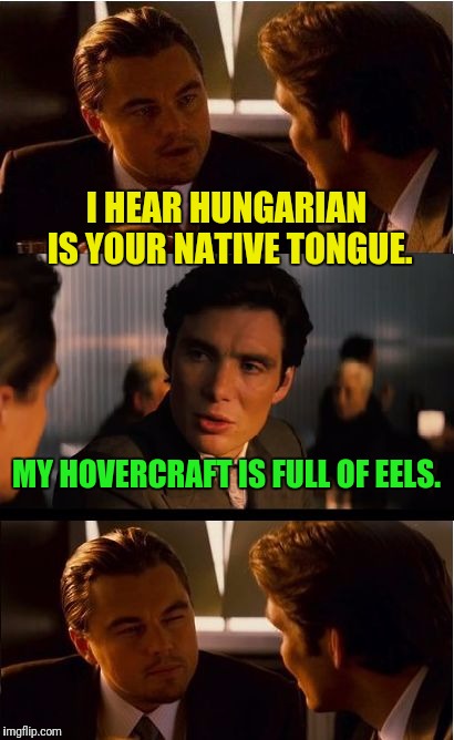 Obscure Monty Python Reference | I HEAR HUNGARIAN IS YOUR NATIVE TONGUE. MY HOVERCRAFT IS FULL OF EELS. | image tagged in memes,inception | made w/ Imgflip meme maker