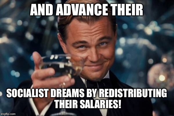 Leonardo Dicaprio Cheers Meme | AND ADVANCE THEIR SOCIALIST DREAMS BY REDISTRIBUTING THEIR SALARIES! | image tagged in memes,leonardo dicaprio cheers | made w/ Imgflip meme maker