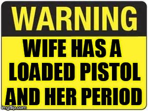 Nevermind the dog! | WIFE HAS A LOADED PISTOL; AND HER PERIOD | image tagged in blank warning sign,memes | made w/ Imgflip meme maker