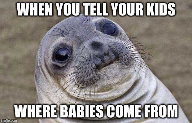 Awkward Moment Sealion | WHEN YOU TELL YOUR KIDS; WHERE BABIES COME FROM | image tagged in memes,awkward moment sealion | made w/ Imgflip meme maker